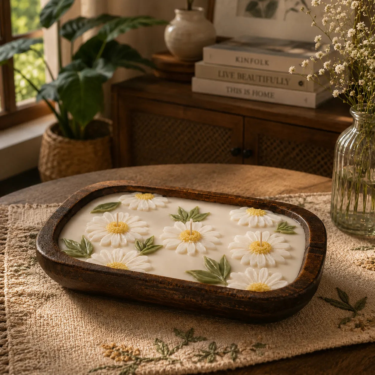 Decorative tray with floral design on a table with books and plants in the background