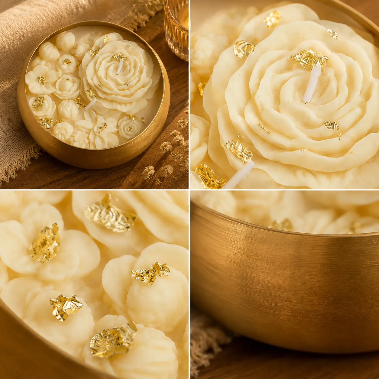 Collage of a decorative candle with floral design and gold accents on a wooden surface.