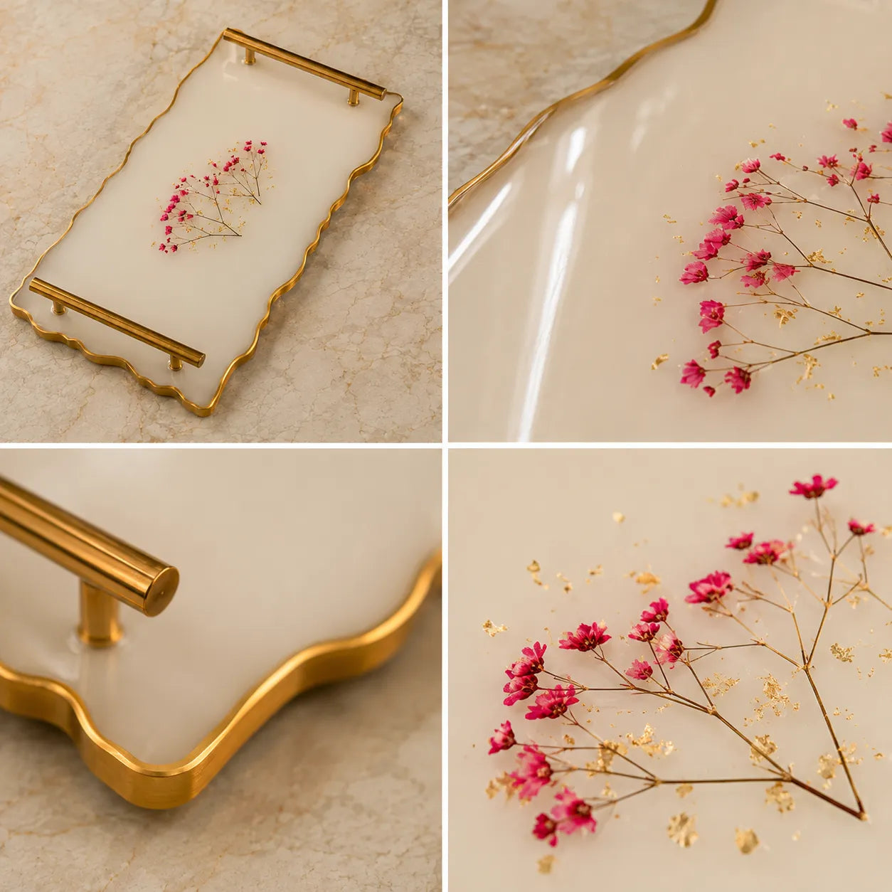 Decorative tray with gold rim and pink flowers on a beige background