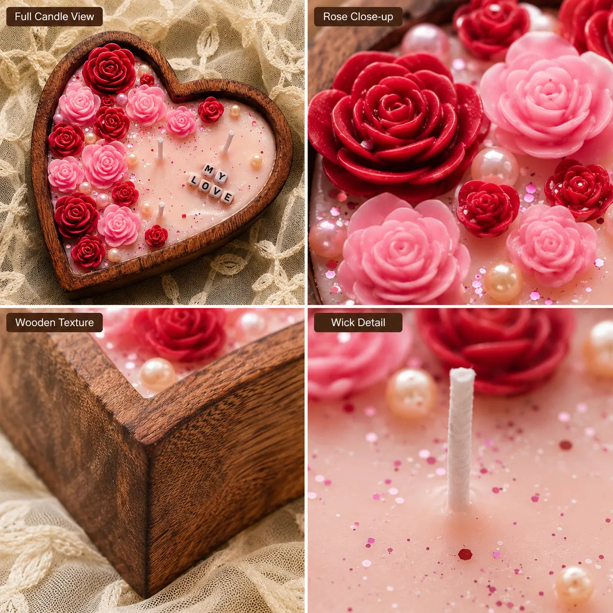 Heart-shaped candle with rose decorations and wooden base, shown from different angles.