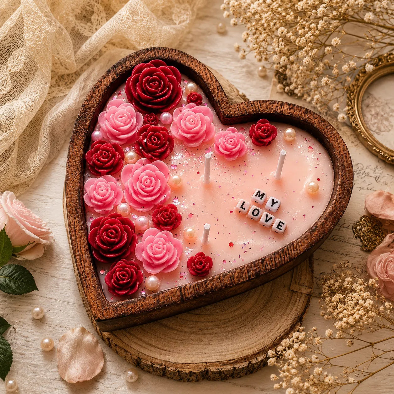Heart-shaped candle with red and pink roses and 'MY LOVE' text on a decorative background.
