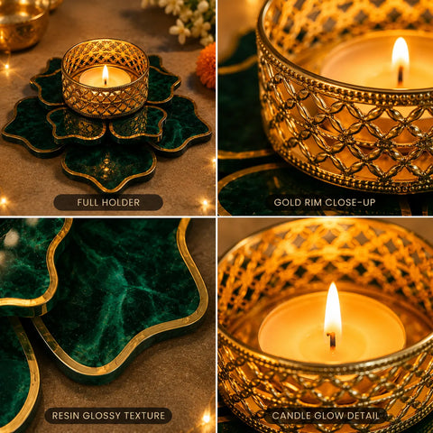 Collage of decorative candle holders with close-up details on a textured surface.