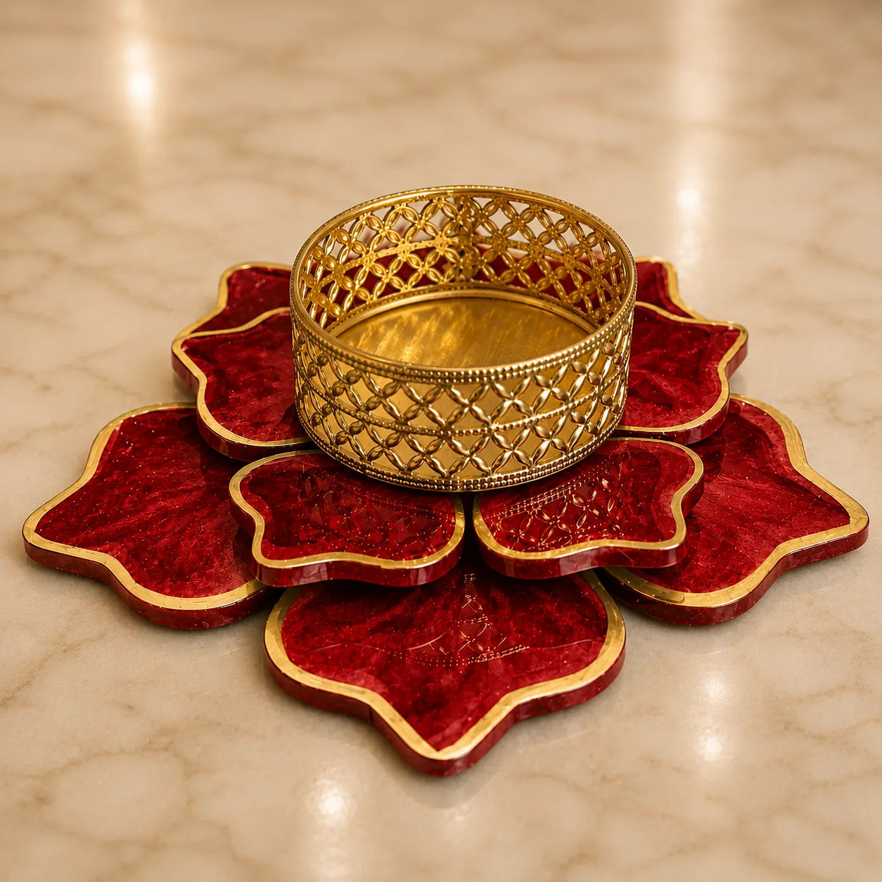 Decorative gold bangle on a red lotus-shaped stand against a beige background