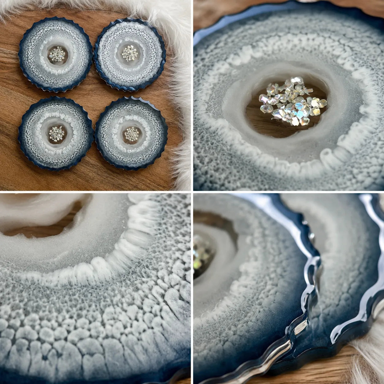 Collage of agate stones with embedded crystals on a wooden surface