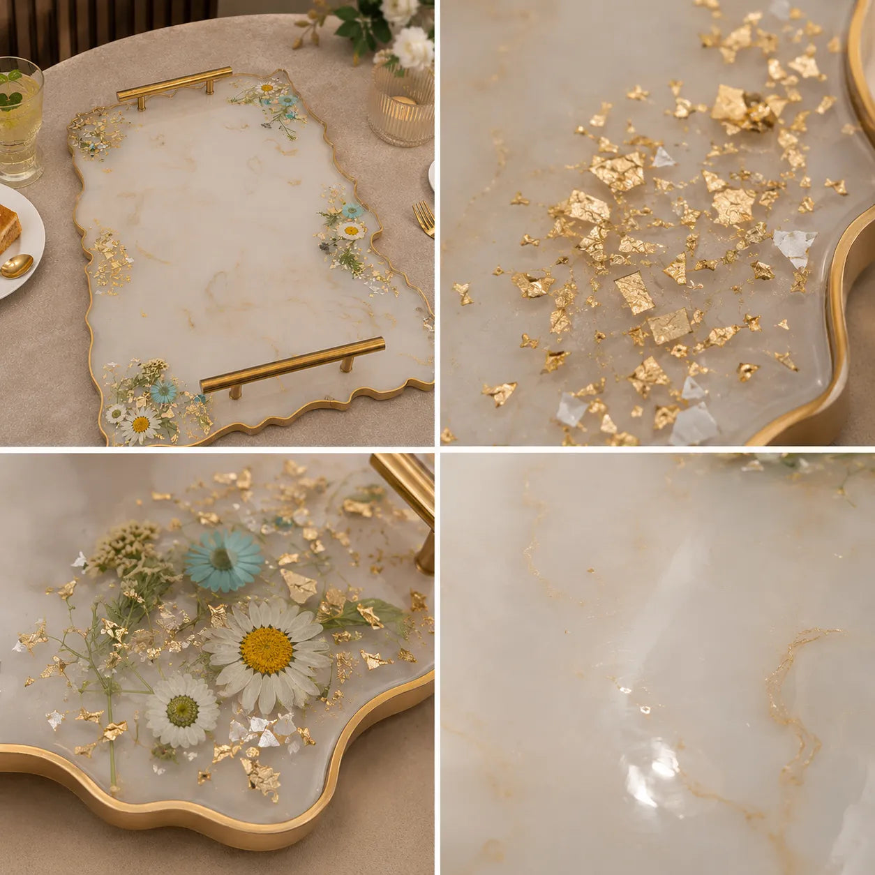 Decorative tray with floral design and gold accents on a marble surface.