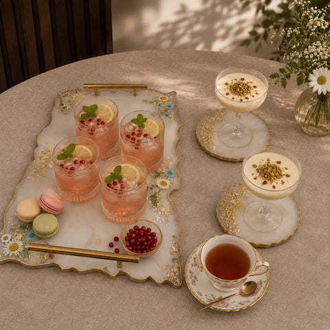 Luxury handmade resin serving tray setup with pink mocktails, creamy dessert glasses, floral tea cup, and matching round coasters featuring gold flakes, white daisy detailing, glossy resin finish, and elegant hosting table styling.