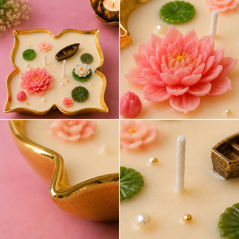 Collage of decorative candles with floral designs on a pink background