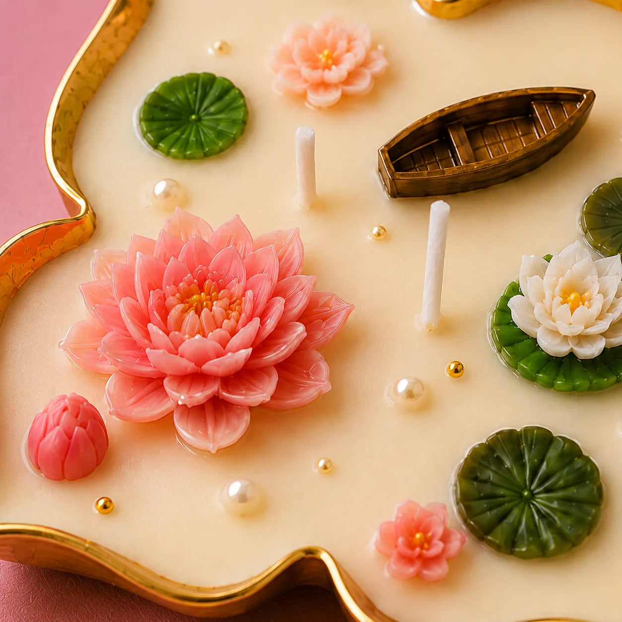 Decorative candle with pink flowers, green leaves, and a small boat on a beige surface.