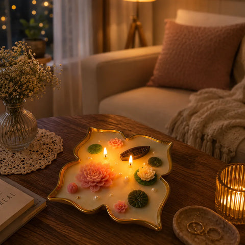 Decorative candle with floral design on a wooden table in a cozy living room.