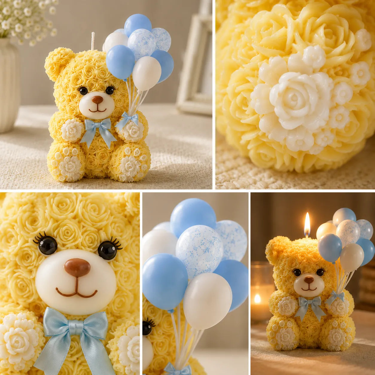 Collage of a yellow teddy bear cake with rose decorations, balloons, and a candle.