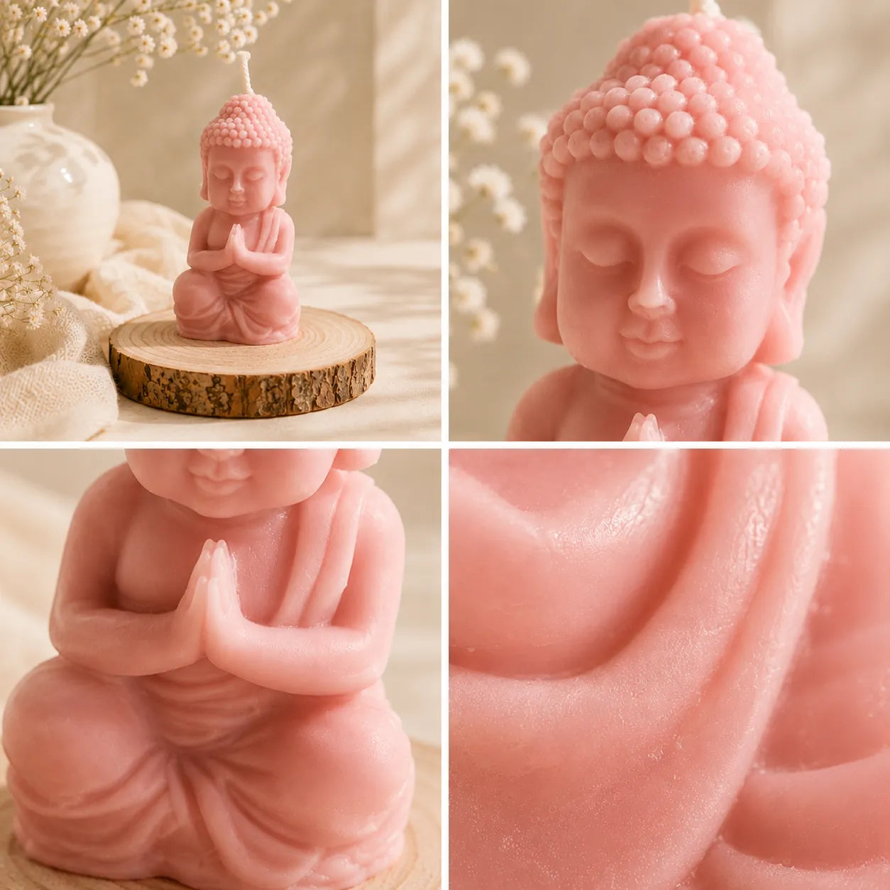 Collage of a pink Buddha candle with close-up details on a neutral background.