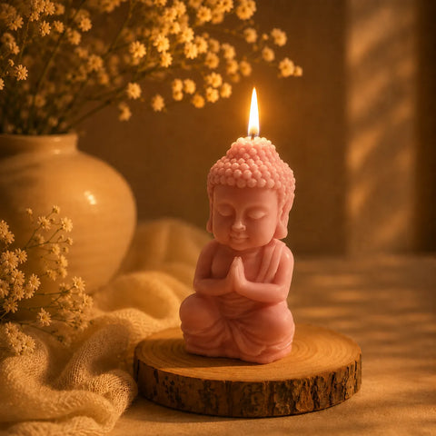 Pink Buddha candle on a wooden base with flowers and a vase in the background