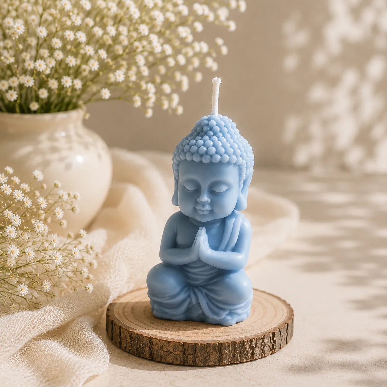 Blue Buddha candle on a wooden base with white flowers in the background