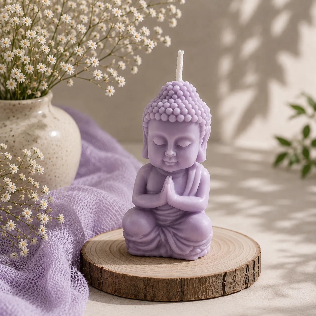 Purple Buddha-shaped candle on a wooden platform with flowers and fabric in the background