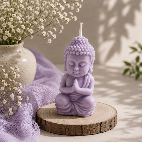 Purple Buddha-shaped candle on a wooden platform with flowers and fabric in the background