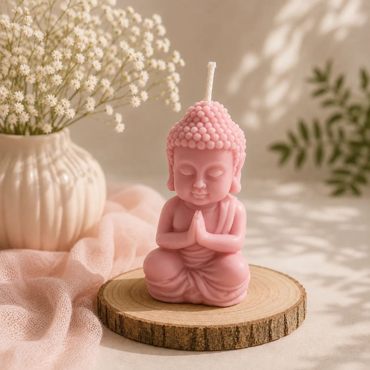 Pink Buddha candle on a wooden platform with a vase of flowers in the background