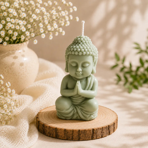 Candle shaped like a meditating Buddha figure on a wooden base with flowers in the background