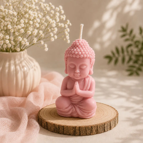 Pink Buddha candle on a wooden platform with a vase of flowers in the background