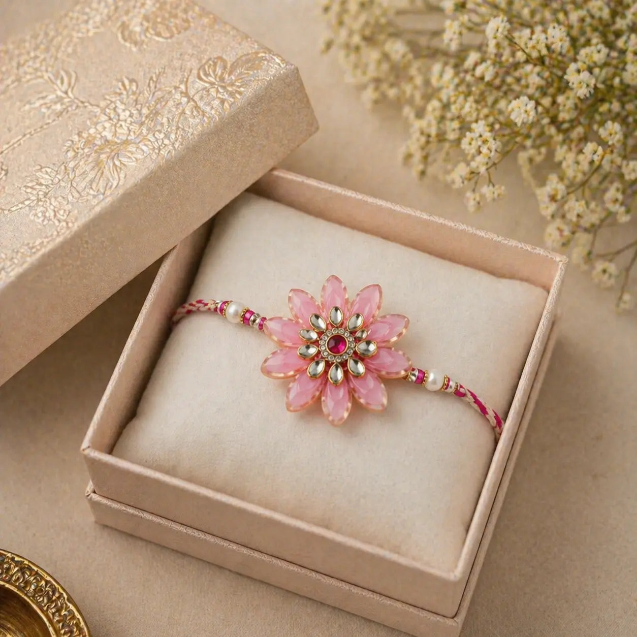 Pink floral bracelet with gemstones in a decorative box on a beige surface with flowers.