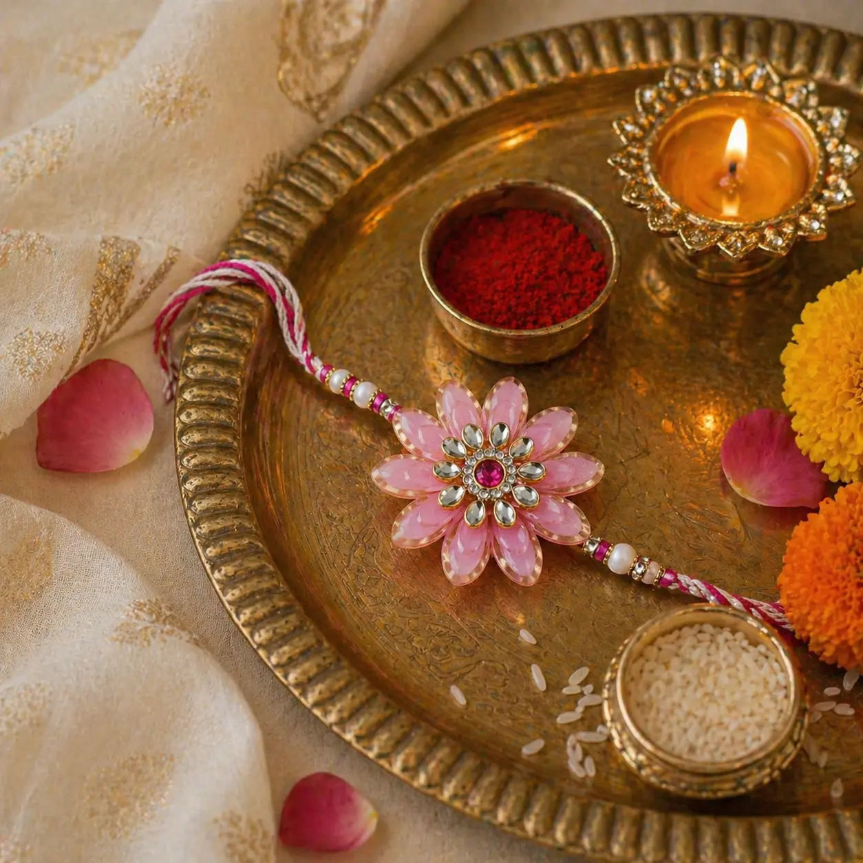 Decorative tray with a pink flower-shaped rakhi, red vermillion powder, and a lit candle on a beige fabric background.