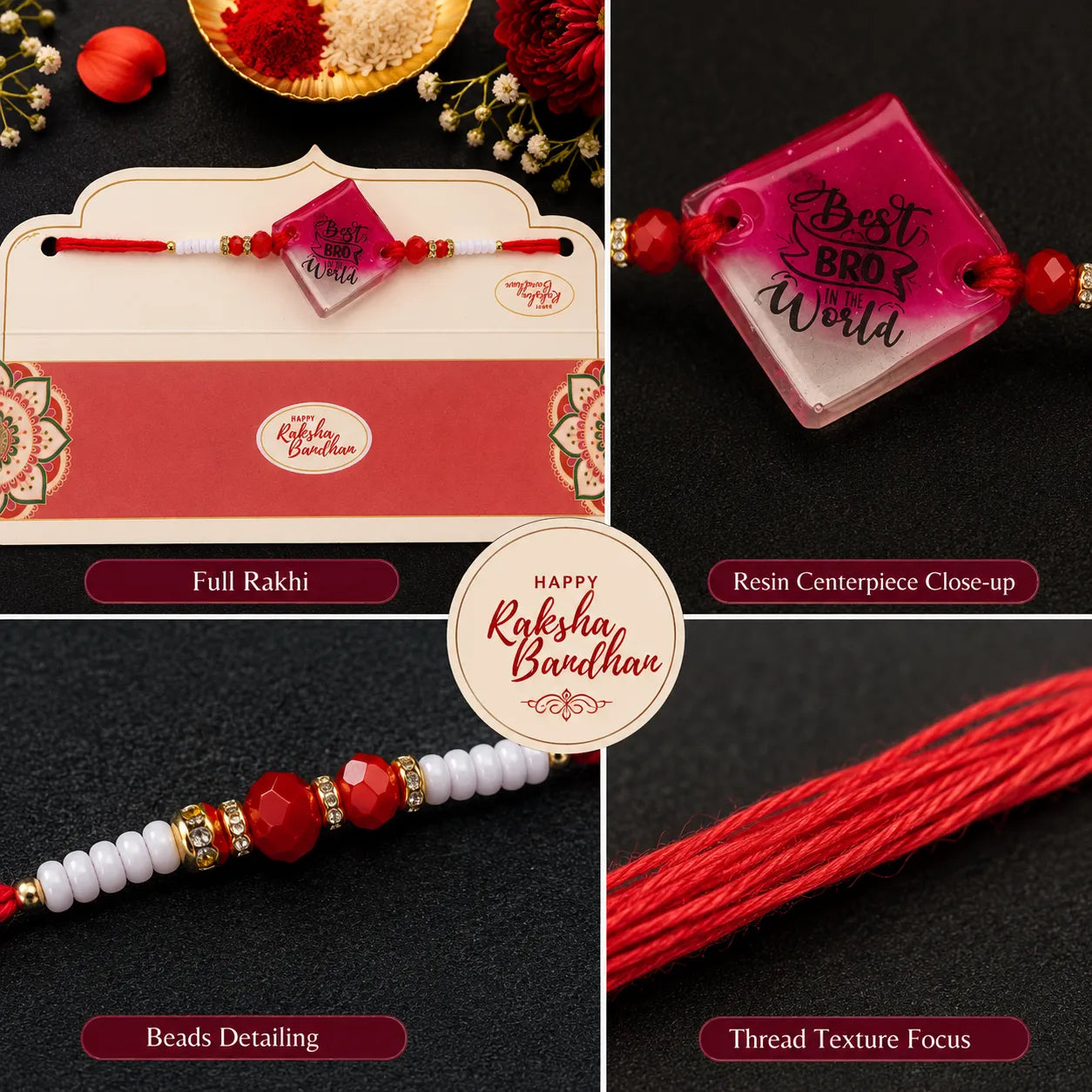 Rakhi set with beads, thread, and resin centerpiece on a dark background