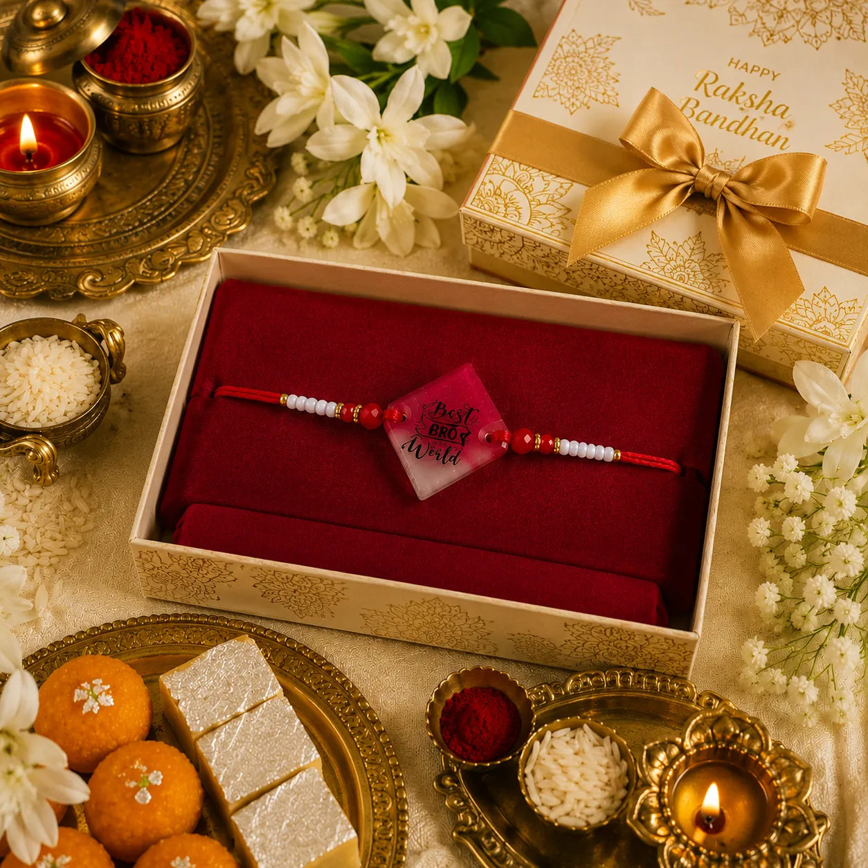 Rakhi with a card in a box surrounded by traditional items on a festive setting