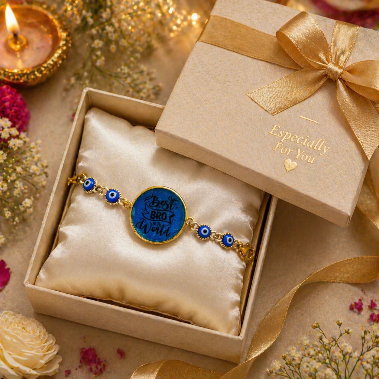Bracelet with blue evil eye design in a gift box with a gold bow, surrounded by flowers and candles.