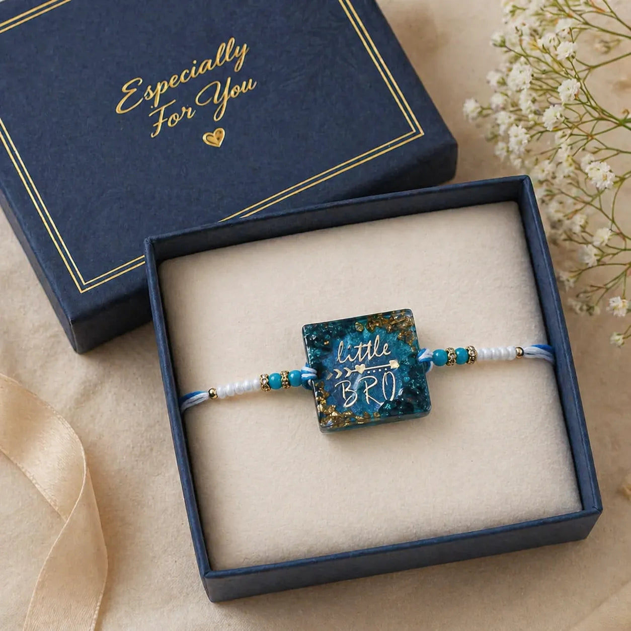 Little Bro handmade resin rakhi in premium gift box packaging for Raksha Bandhan