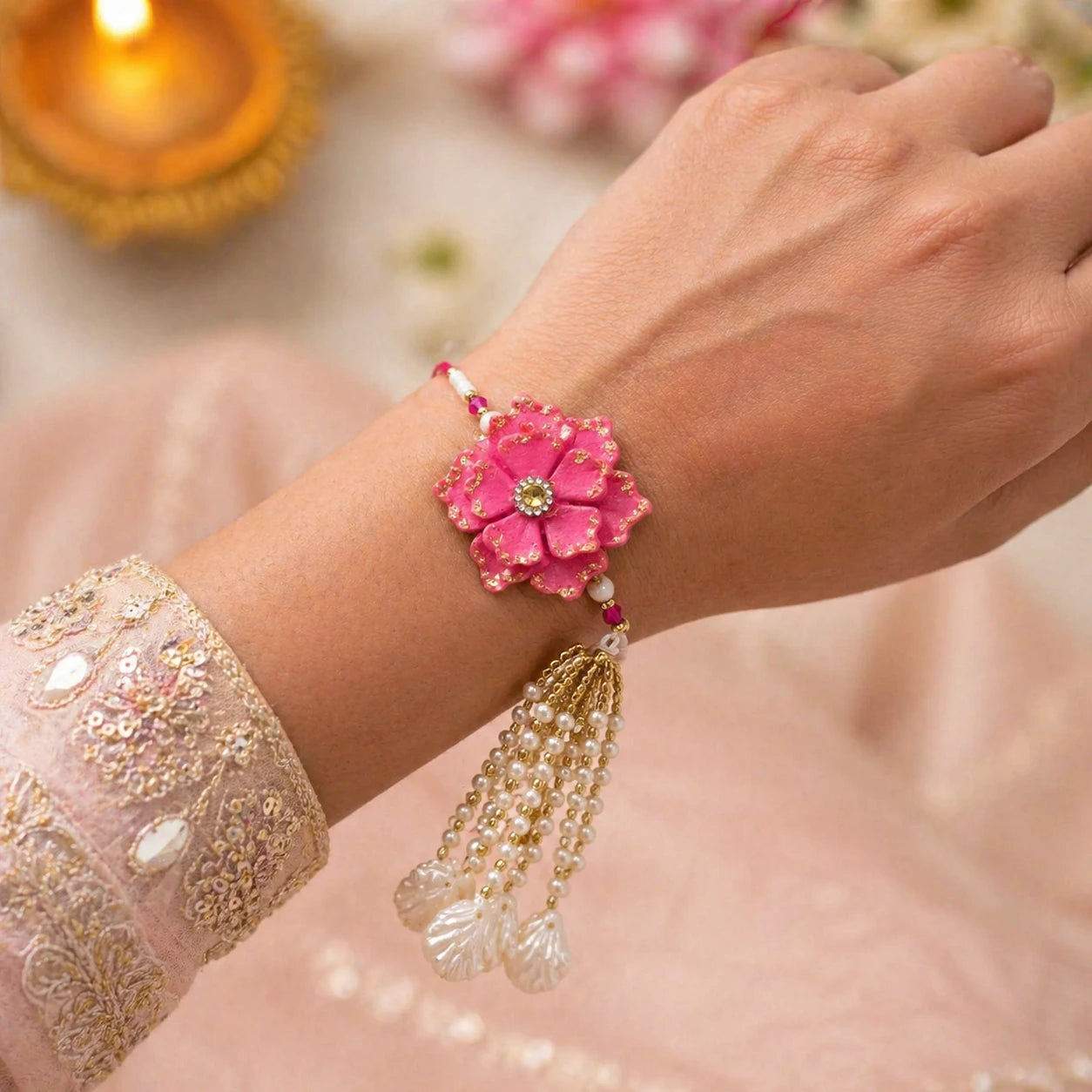 Hand wearing a pink floral bracelet with gold and pearl details, blurred background