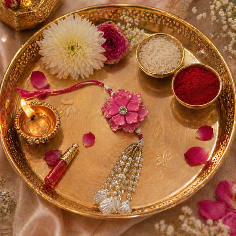 Decorative tray with flowers, jewelry, and a lit candle on a soft pink background