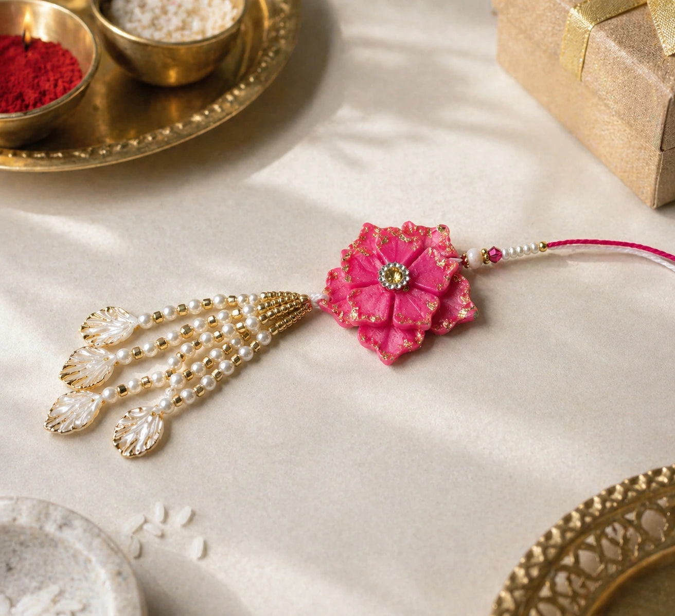 Decorative pink flower with gold and pearl details on a light fabric background