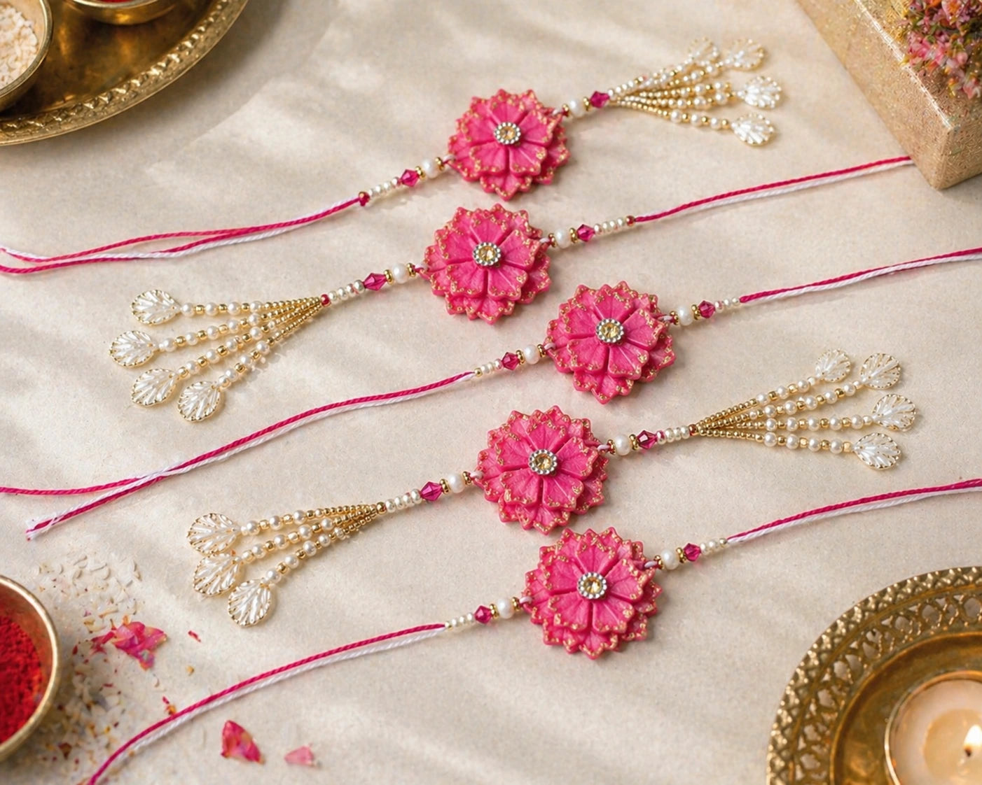 Decorative pink flower-themed bangles on a light background
