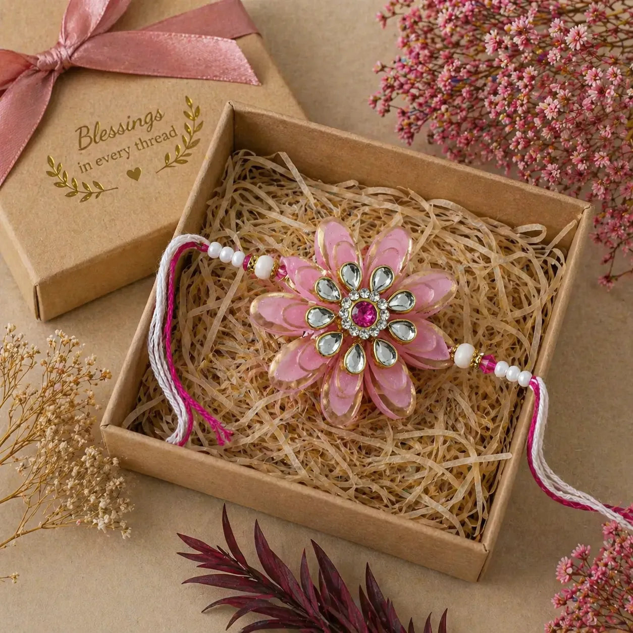 Pink flower-shaped decorative item in a box with 'Blessings in every thread' text on a beige background.