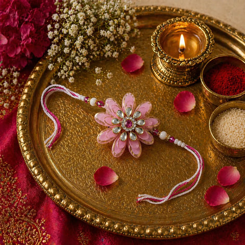 Decorative pink flower rakhi on a gold tray with flowers and a candle