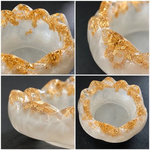 Collage of a white and gold decorative item on a dark background