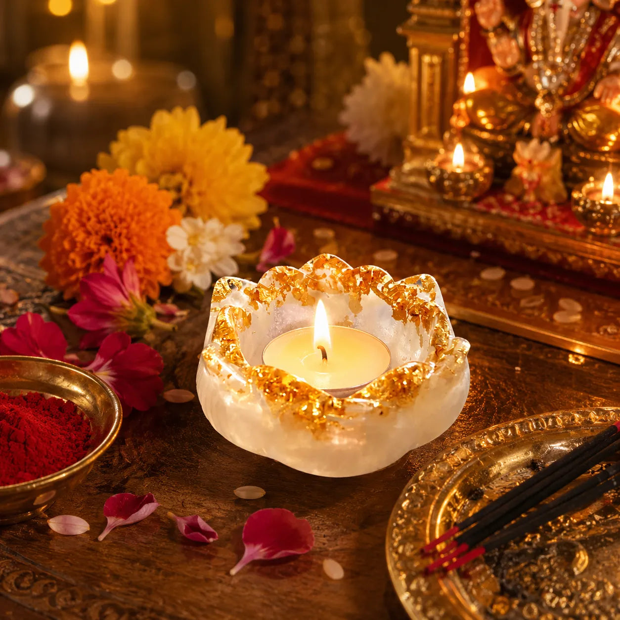 Decorative candle holder with a lit candle on a table with flowers and religious items.