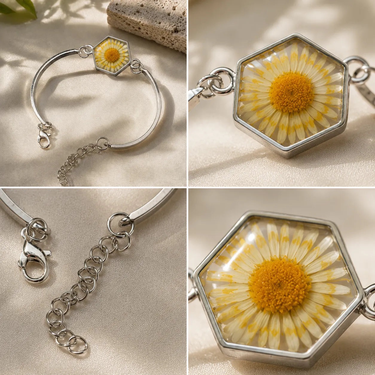 Silver bracelet with hexagonal charm featuring a pressed flower on a neutral background