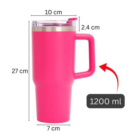Pink travel mug with measurements on a white background