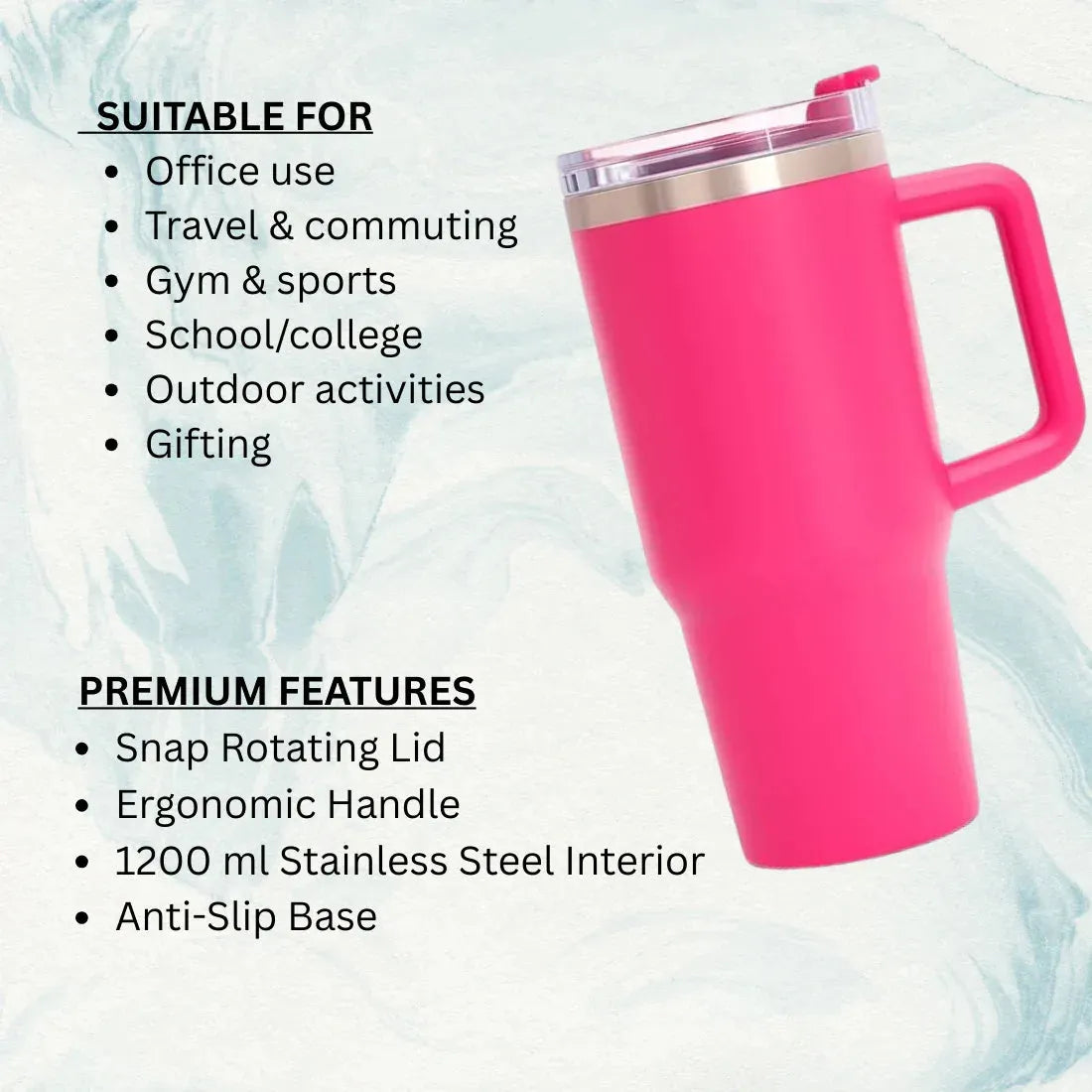 Pink insulated tumbler with features listed on a light blue background