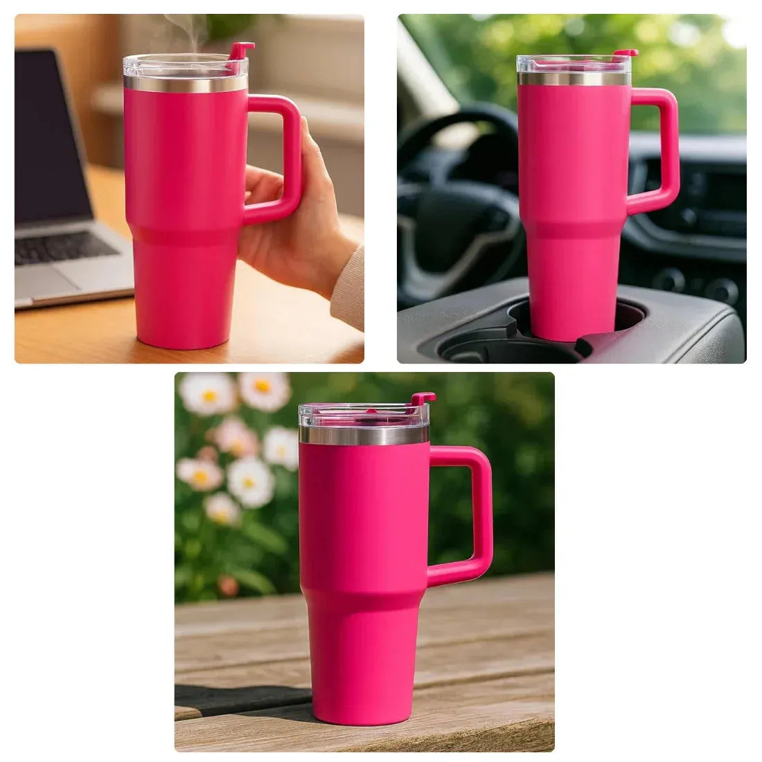 Collage of a pink travel mug used in various settings.