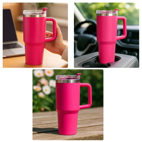 Collage of a pink travel mug used in various settings.
