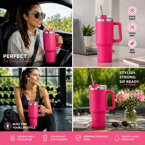 Collage of a pink insulated mug used in various settings with product features highlighted.