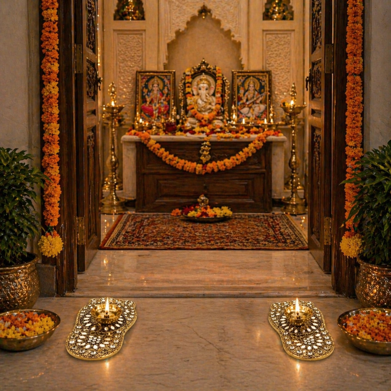 Decorative altar with religious statues, flowers, and candles in a home setting.