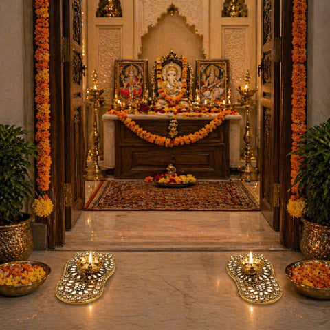 Decorative altar with religious statues, flowers, and candles in a home setting.