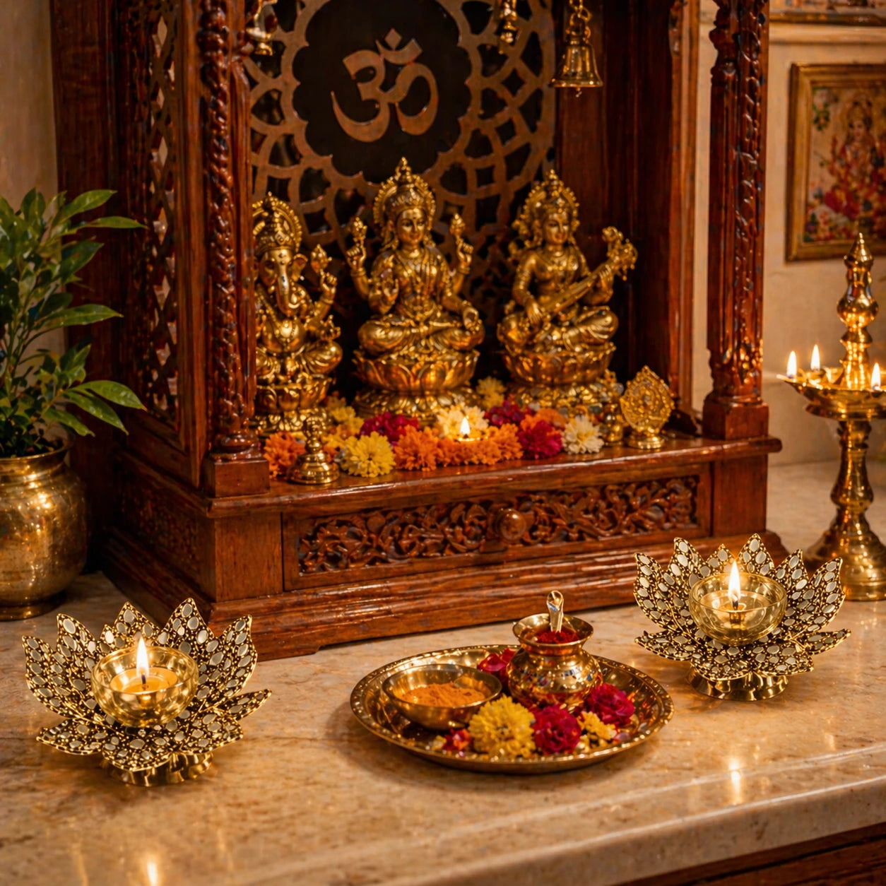 Decorative altar with gold figurines, candles, and flowers in a home setting.