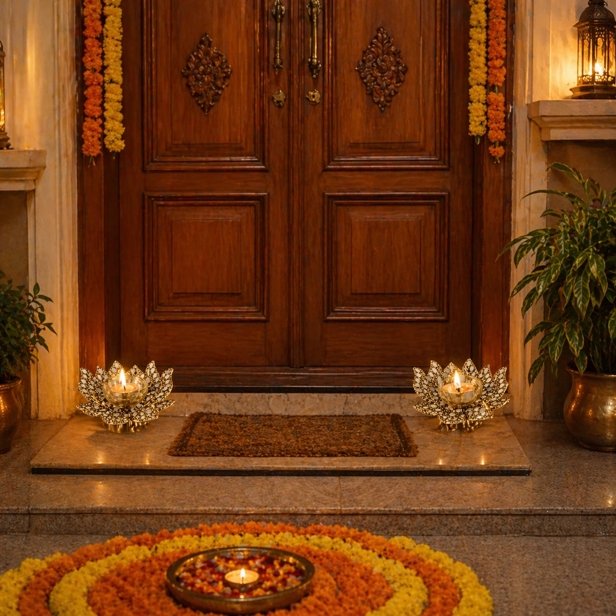 Decorative entrance with wooden door, flower arrangements, and candles.
