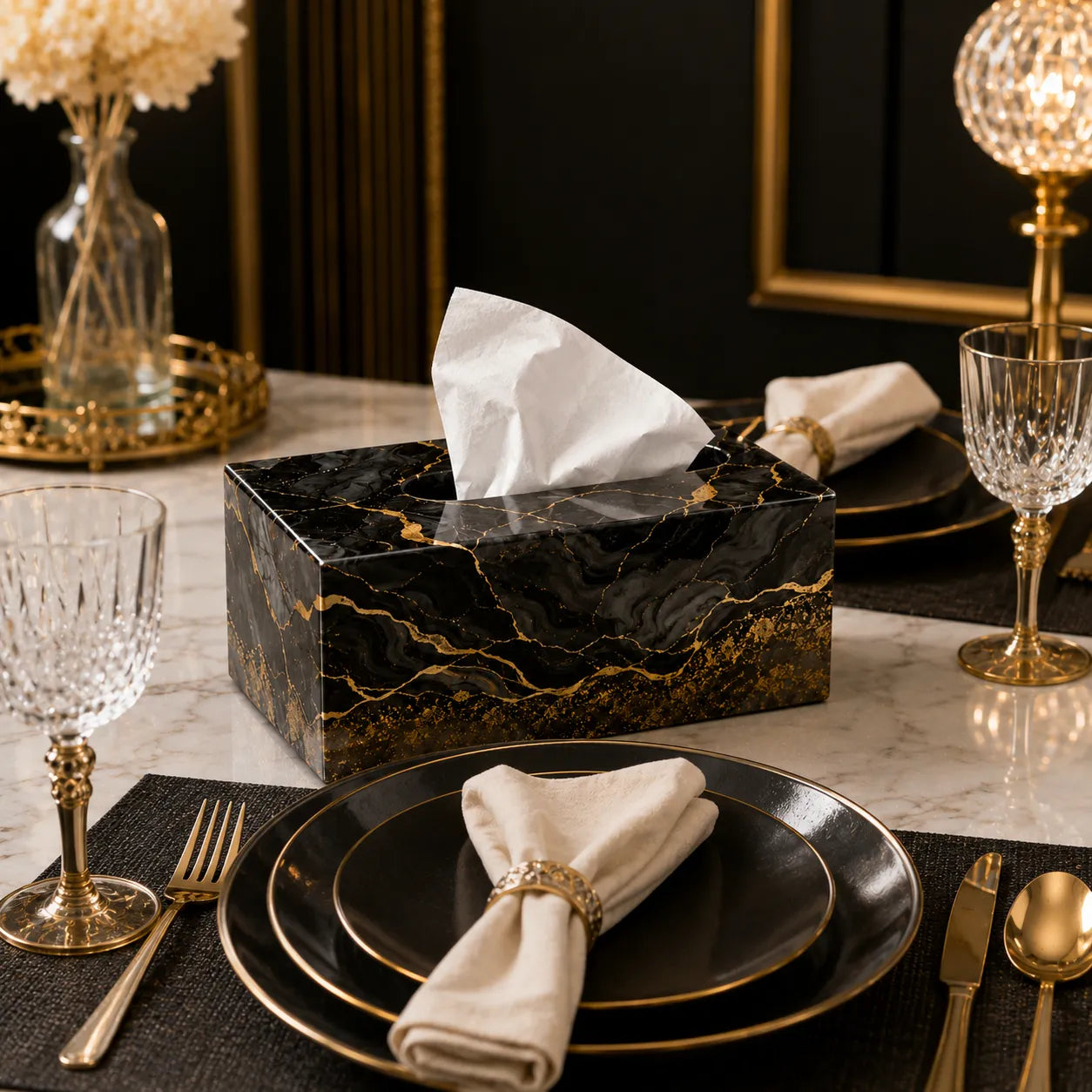 Elegant table setting with black marble tissue box, plates, glasses, and cutlery on a marble surface.