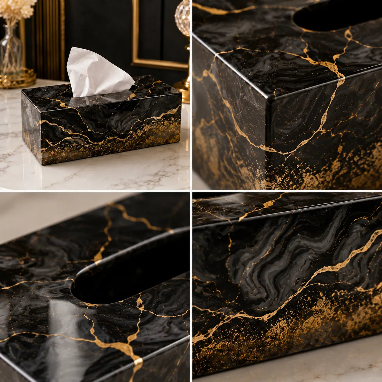 Black marble tissue box with gold veins on a marble surface.
