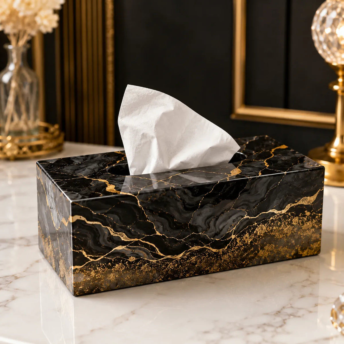 Black and gold marbled tissue box on a marble surface with decorative items in the background.
