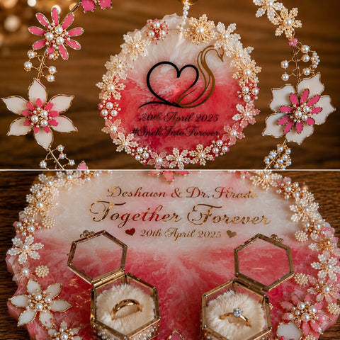 Decorative ring box with floral elements and personalized text on a wooden surface